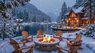 Snow Falling at the River Cabin Porch ❄️🔥 Cozy Firepit & Nature Sounds Ambience