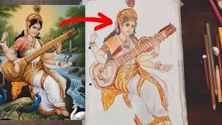 Saraswati Maa Drawing Colour, How To Draw Saraswati Mata, Saraswati Thakur Drawing, Basant Panchami