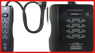 GE 4 Outlet Surge Protector, 2 USB Ports, 3 Ft Power Cord, 800 Joules, Twist to Lock Safety Covers,