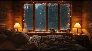 Deep Sleep in a Cozy Cabin | Gentle Rain on Window & Soft Cat Purring 🌧️🐱