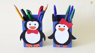 Pot à crayons en papier. Pingouins drôles. Стаканчик для ручек и карандашей. Смешные пингвины.