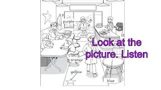 A1 Movers | Listening Test | Listen and colour and write. | Colour the round table