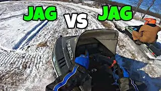 OLD Jag vs OLDER Jag Backyard Vintage Snowmobile Racing (340cc vs 340cc)