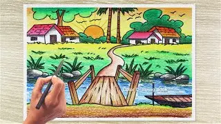 Beautiful Sunset Village Scenery Drawing with Color Pencil  Easy Landscape Art for Beginners