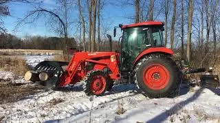 Kubota m7060 with grapple moving White ash Logs