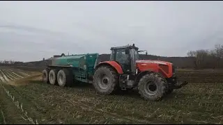 Spreading liquid manure. Tractors and trucks hauling.