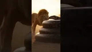 Extreme Survival Encounter: Lion Circles a Giant Coiled Snake #viral #short #video