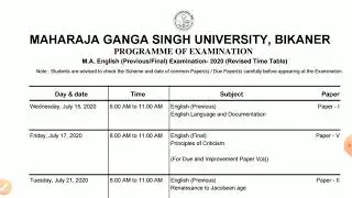 Mgsu bikaner /#Mgsu Exam Time table 2020 /# Ma Revised Time table 2020 /# Ma Exam 2020