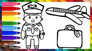 Draw and Color an Airplane Captain with Accessories 🧑‍✈️☁️✈️🧳 Drawings for Kids