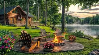 🌅🌲Tranquil Lakeside Retreat | Cozy Cabin, Warm Firepit & Calming Nature Sounds for Relaxation🔥🍃