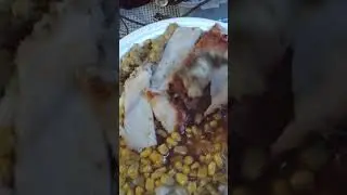 Mashed potatoes gravy stuffing and turkey