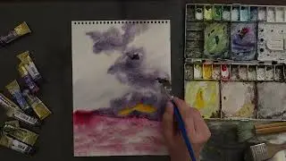 Violet Storm Over Crimson Plain | Watercolor Abstract Landscape Painting #395