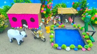 DIY tractor mini Farm Diorama with Concrete Bridge for Cow, Horse | Blue lake with beautiful