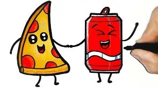 DRAWING AND COLORING PIZZA AND SODA KAWAII