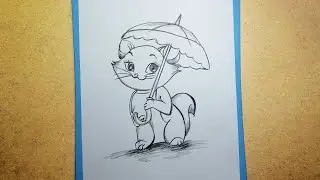 How to draw a Cat with Umbrella - Pencil sketch || Easy draw a Cat step by step for beginners