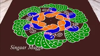 Peacock Rangoli with 11X6 dots | Cute deepam rangoli | Mayil kolam | how to create peacock rangoli