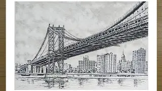 HOW TO DRAW MANHATTAN BRIDGE || DRAW FEMOUS ARCHITECTURE IN ONE-POINT PERSPECTIVE : MIXING WITH PEN