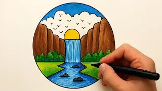 Beautiful Waterfall Drawing in Circle | Easy Nature Scenery for Beginners | Sunset Landscape Art