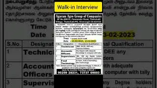Walk-in Interview on 22/02/23 & 23/02/23 | Krishnagiri jobs | 10th - Any Degree