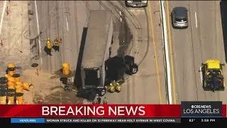 Jackknifed semi leaks fuel onto WB 210 Freeway, prompts lane closures