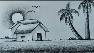 How to draw easy moonlight village scenery with pencil//Pencil sketch moonlight scenery drawing