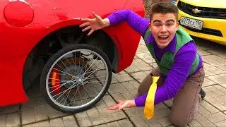 Mr. Joe in Trunk Car Corvette without Wheels found Wheel of Bike & arrived in Tire Service for Kids