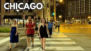 Chicago at Night After Rainfall Walk on Tuesday | July 23, 2024 | 4k Video, City Sounds