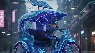 Solar-Powered Cyber Rickshaw: Futuristic Neon Ride of the Future City