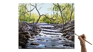 Acrylic Painting Stream Waterfall Landscape - Step by Step Waterfall painting for beginners tutorial