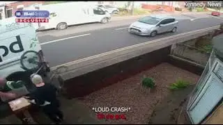Cyclist rides down a footpath give abuse to dpd delivery driver turns round and crashes into a wall