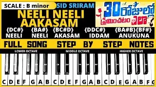 Neeli Neeli Aakasam song keyboard notes | piano notes | full song tutorial | sid Sriram | Pradeep