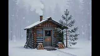 Siberian cold wind and snowfall and beautiful cabin