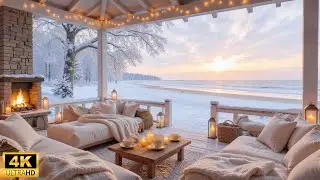Winter Beach Morning Ambience ❄ Gentle Piano Music, Warm Fireplace, Snowfall & Ocean Wave for Calm