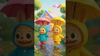Labubu dolls, rain scene, umbrellas, raincoats# 3D# animation#cheerful#cute#children&rsquo;s