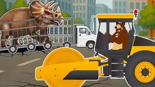 Dump Truck transporting Rhinos - Road roller repairing damaged roads | Construction Vehicles