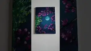 Acrylic painting pink flowers in moon night #art #satisfying #painting #shorts #youtubeshort