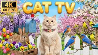Cat TV 8 Hours - Spring Garden: Bunny, Bluebirds & Wisteria Flower