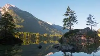 Dawn of the Mountain Forest Lake Hintersee. Time Lapse