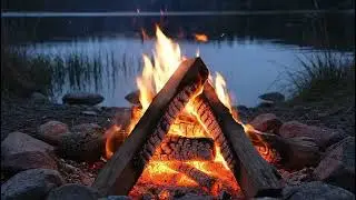 Lonely Campfire by the Lake 🌲 Cold Night Ambience