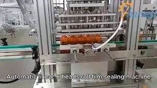 #Automatic linear 6 heads #roll film sealing machine, #Hot film sealer for bottle #China Factory