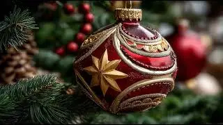 Christmas Red Gold Ornament Ball Star Pine Branch Bokeh Seamless Motion Background Loop 4K 60FPS