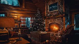 Christmas Ambience | Forest Cabin Fireplace 🎄 Snowfall, Muffled Wind, Crackling Fire 