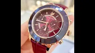 星晴錶業－SWAROVSKI手錶,編號SW00037,40mm玫瑰金圓形精鋼錶殼,酒紅色三眼, 中三針顯示錶面,酒紅色真皮皮革錶帶款,酒紅色水晶圈