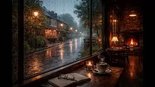 Rainy Night in a Cozy Caf&eacute; ☕ Fireplace & Rain Sounds for Deep Sleep (4 Hours)