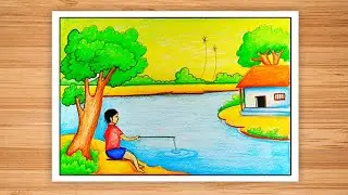 How to draw a simple scenery of a boy fishing step by step ll Boy fishing drawing