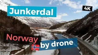 Junkerdal valley, Nordland, Norway by drone - 4K - Scenic view of the river and mountains