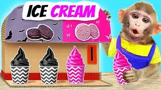 Monkey kako gifted ice cream machine pink blue orange ice cream eat enjoy monkey kako with duckling