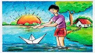 How to Draw Village Scenery | Paper Boat Drawing with Oil Pastel | Easy for Beginners #b.artwork
