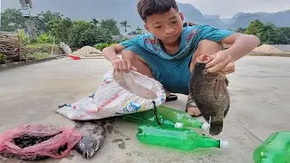 Poor homeless boy makes a fish trap and catches a big fish, the fish is stolen by a little friend