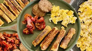 French Toast Roll Ups, Bacon, Sausage, and Scrambled Eggs